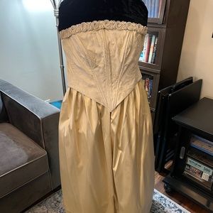 Bari Jay Gold Brocade Formal Gown 18W With Gold Handbag and Elbow Length Gloves